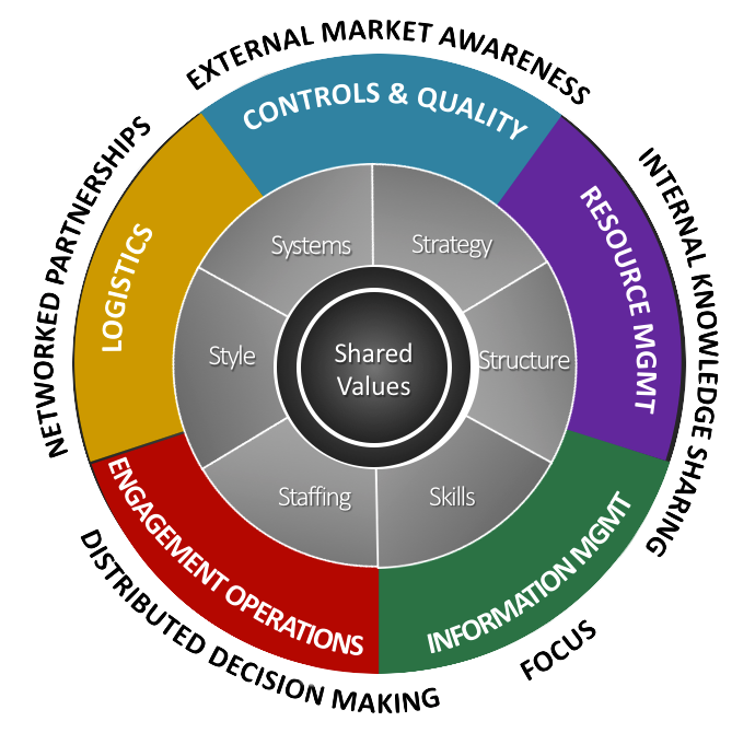'Shared Values' Controls & Quality, Resource Mgmt, Information Mgmt, Engagement Operations, Logistics Chart