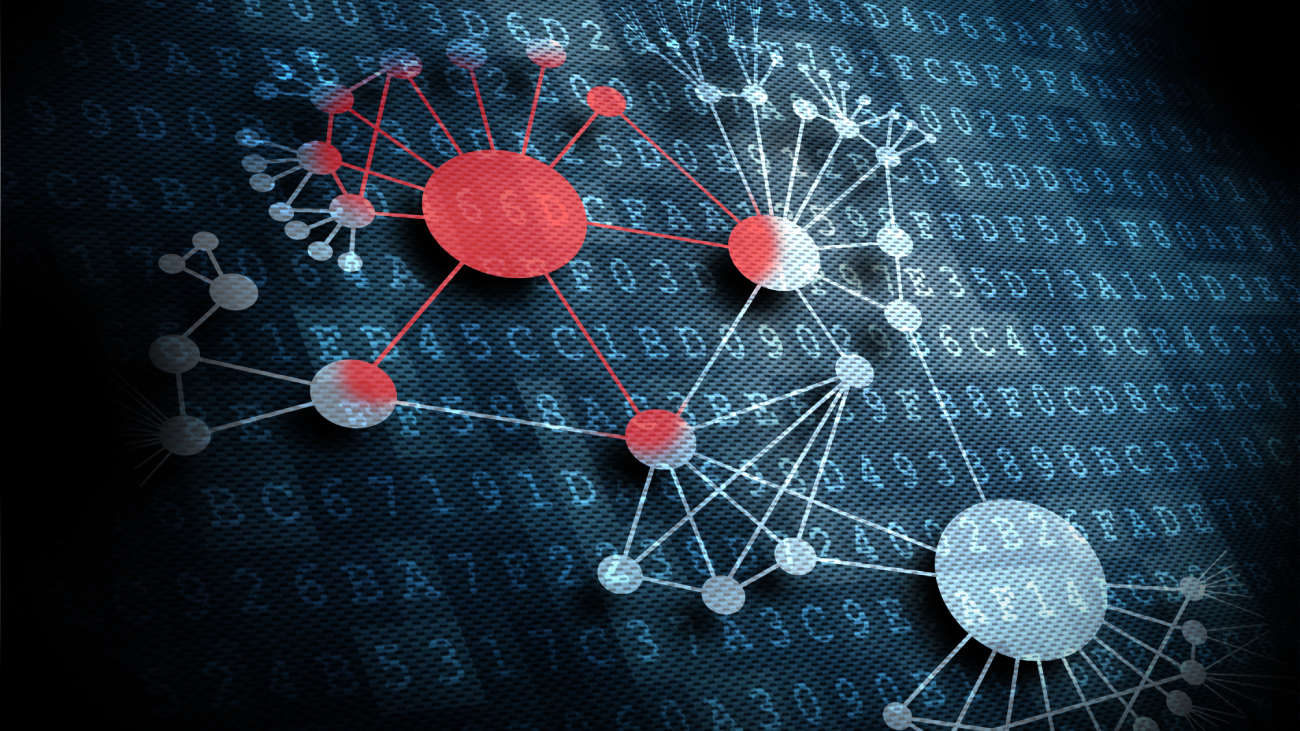 Virus Infection Spreading Out in a Network with Code Background Graphic